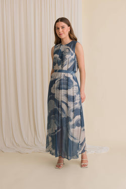 josephine long patterned dress blue white 36 belt