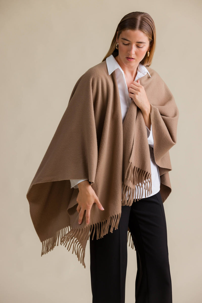 CLARISSA Fringed Wool Cashmere Poncho chestnut