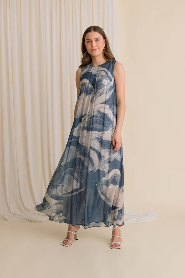 josephine long patterned dress blue white 36