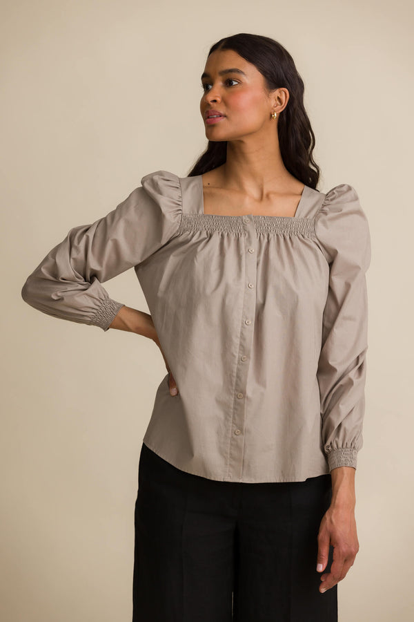 mazie ruched blouse taupe