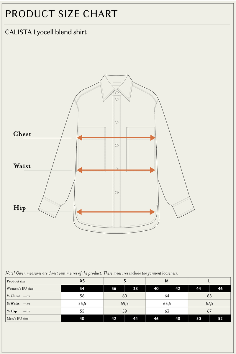 CALISTA Lyocell Blend Shirt cinnamon size chart