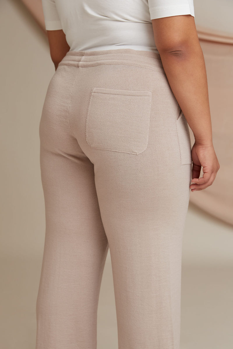 Clara wide leg wool pants cafe latte behind