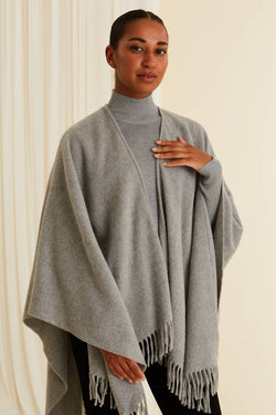 CLARISSA Fringed Wool Cashmere Poncho grey melange from front