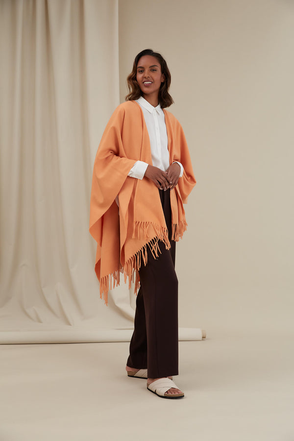 CLARISSA Fringed Wool Cashmere Poncho peach