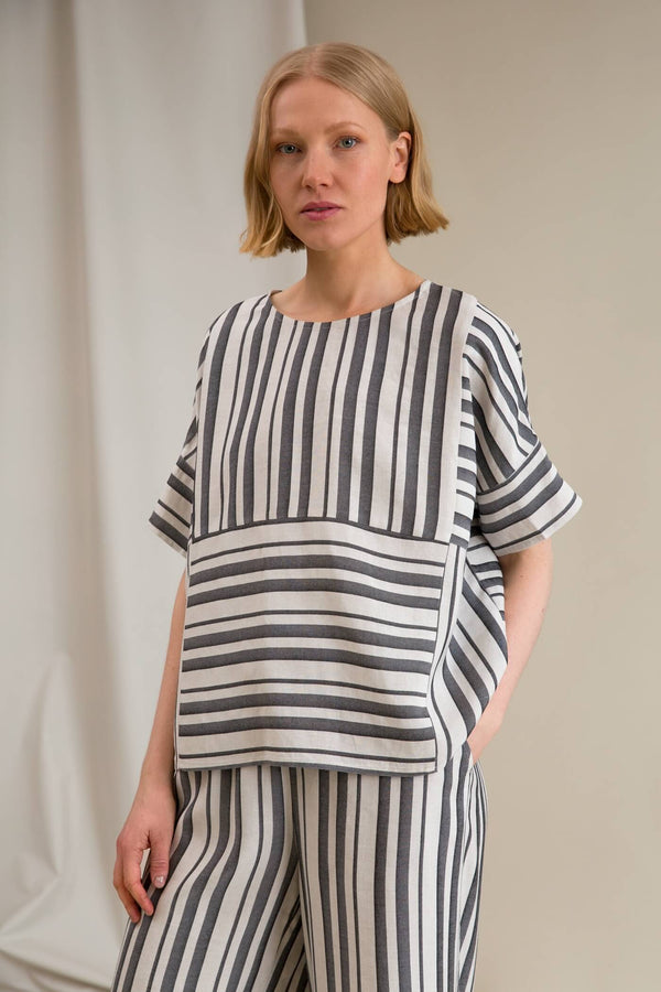 FELICE Short Sleeve Striped Top black-white