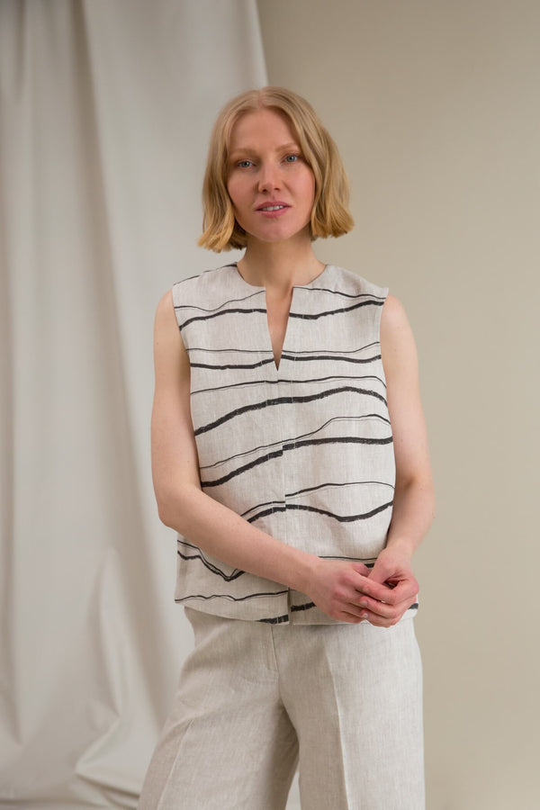 GRACE Striped Linen Top sand black