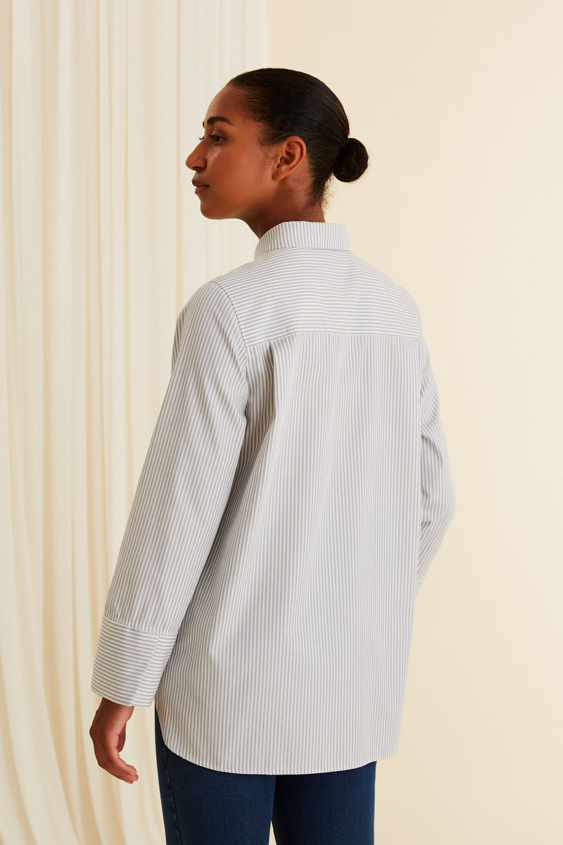 KAROLINA Striped Cotton Shirt grey white behind