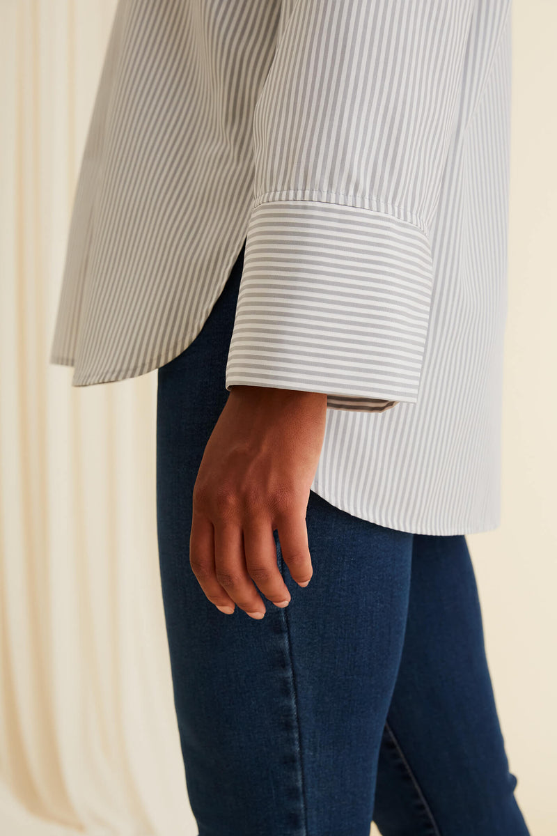 KAROLINA Striped Cotton Shirt grey white close