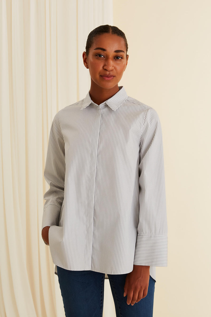 KAROLINA Striped Cotton Shirt grey white