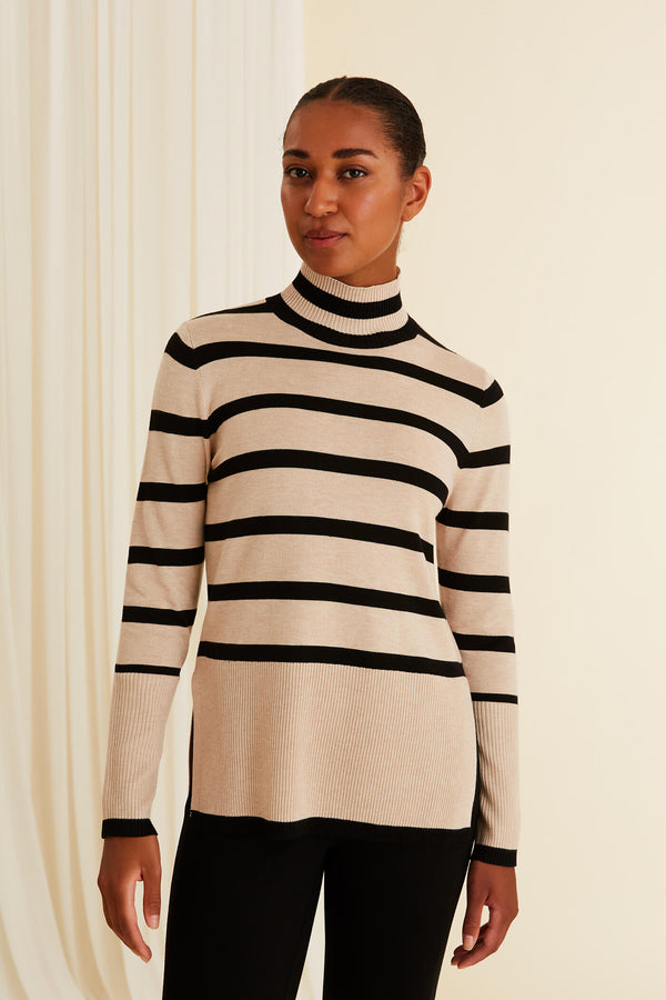 MAXINE Striped High Neck Jumper sand-black