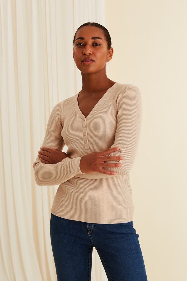 MAY Fitted Viscose Knit Top sand 