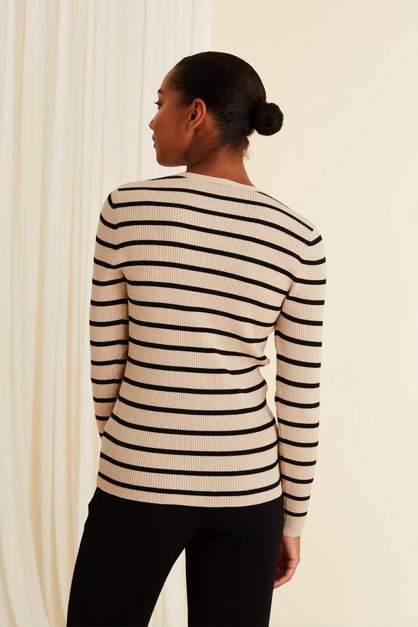 MAY Striped Viscose Knit Top sand black behind