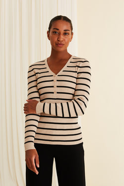 MAY Striped Viscose Knit Top sand black