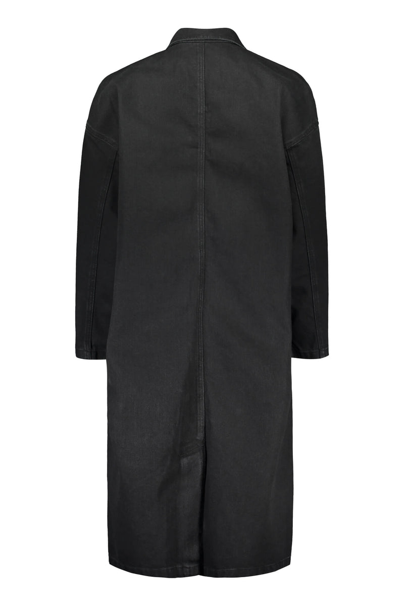 Voglia Finland long black denim coat back