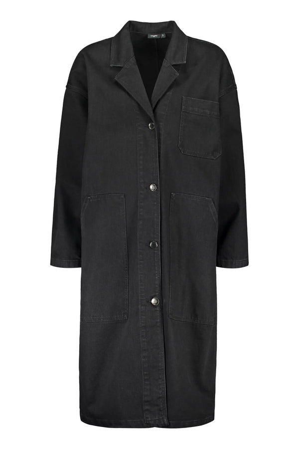 Voglia Finland long black denim coat front